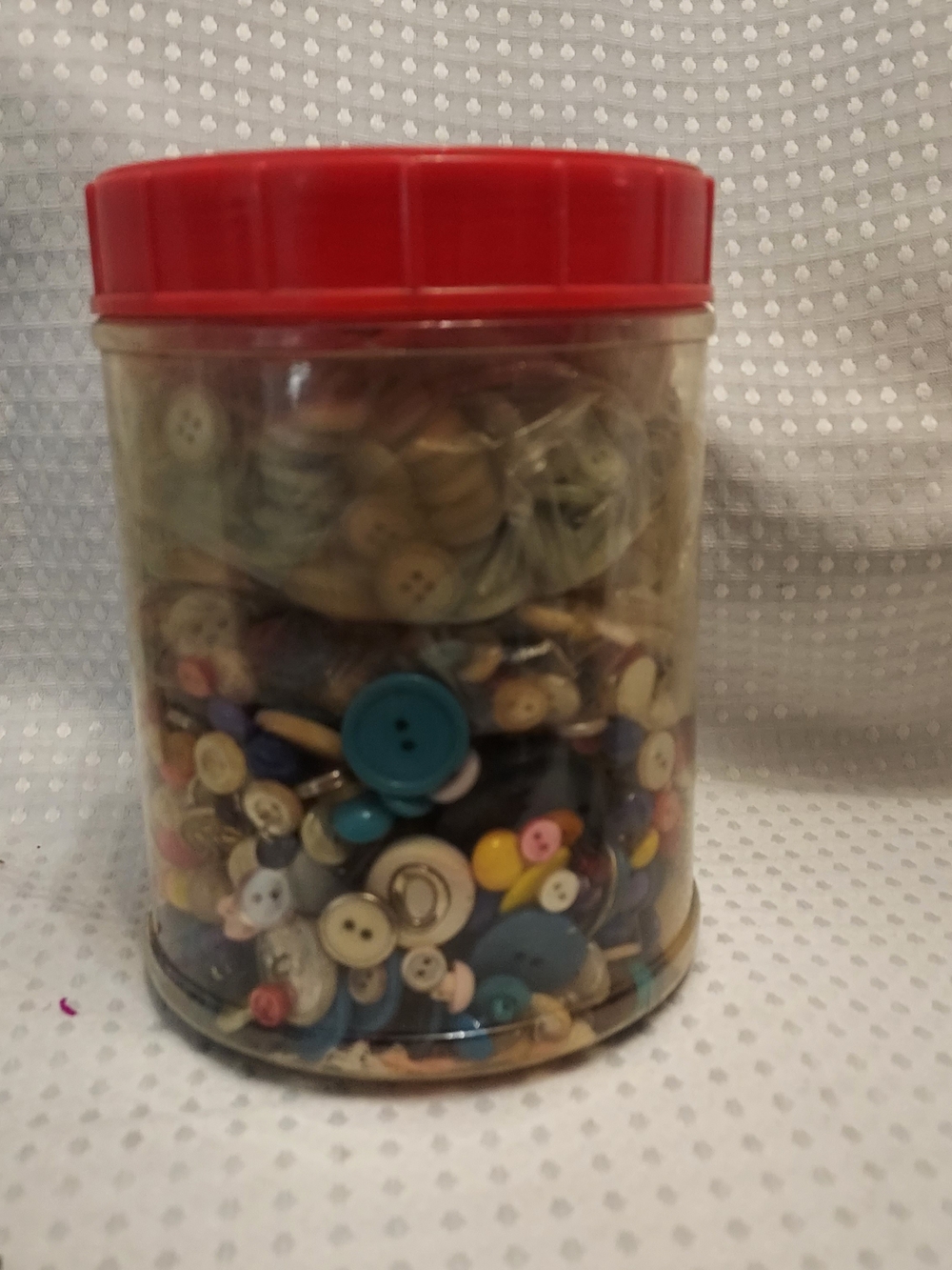 Clear Plastic Storage Jar with Red Lid - Multi-Color With Vintage Button